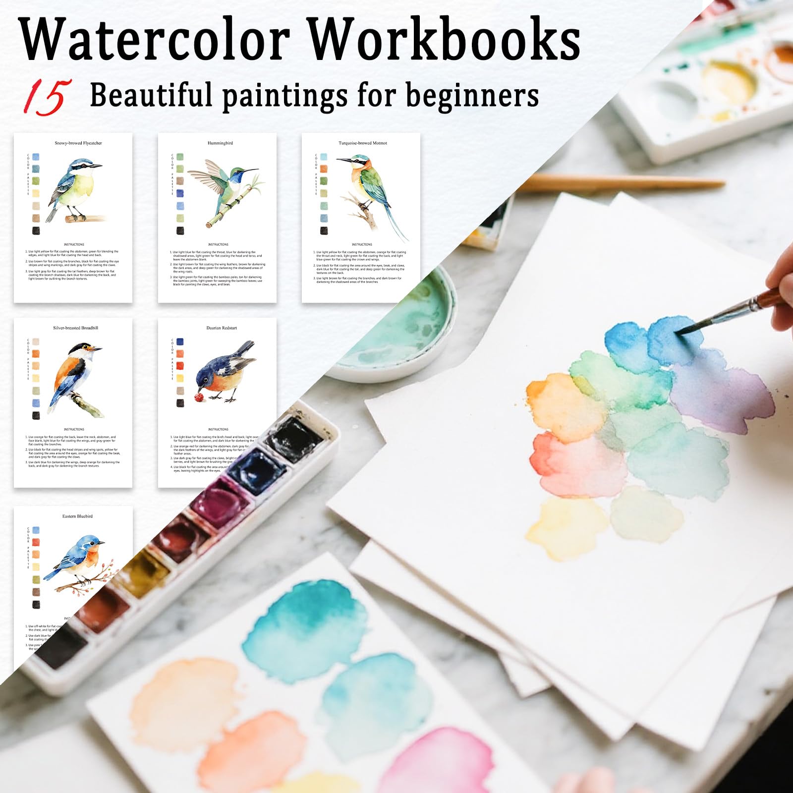 Bird-themed pages from Terself Watercolor Workbooks inspiring beginner-friendly painting.