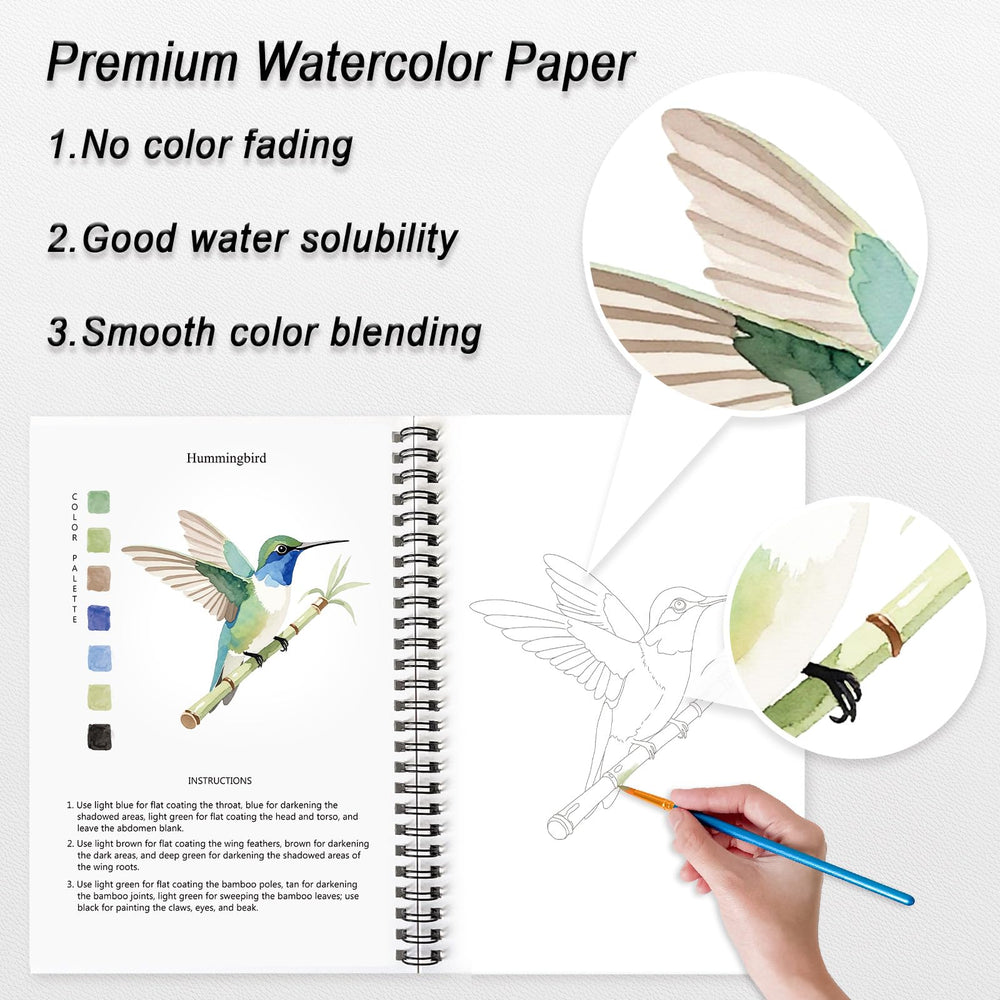 Thick watercolor paper quality in Terself Workbooks resists bleeding and warping.