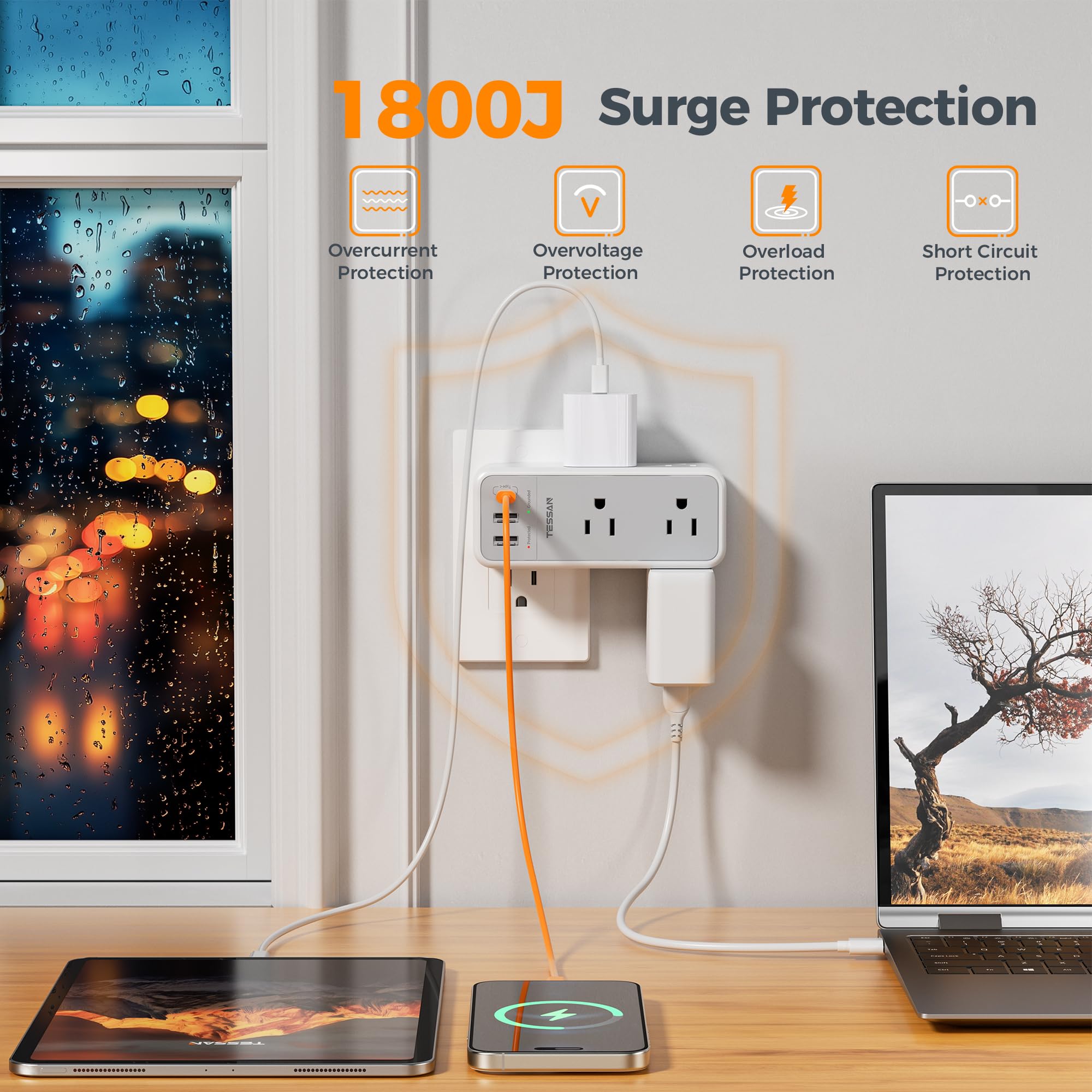 TESSAN 1800J surge protector guards connected electronics from spikes.