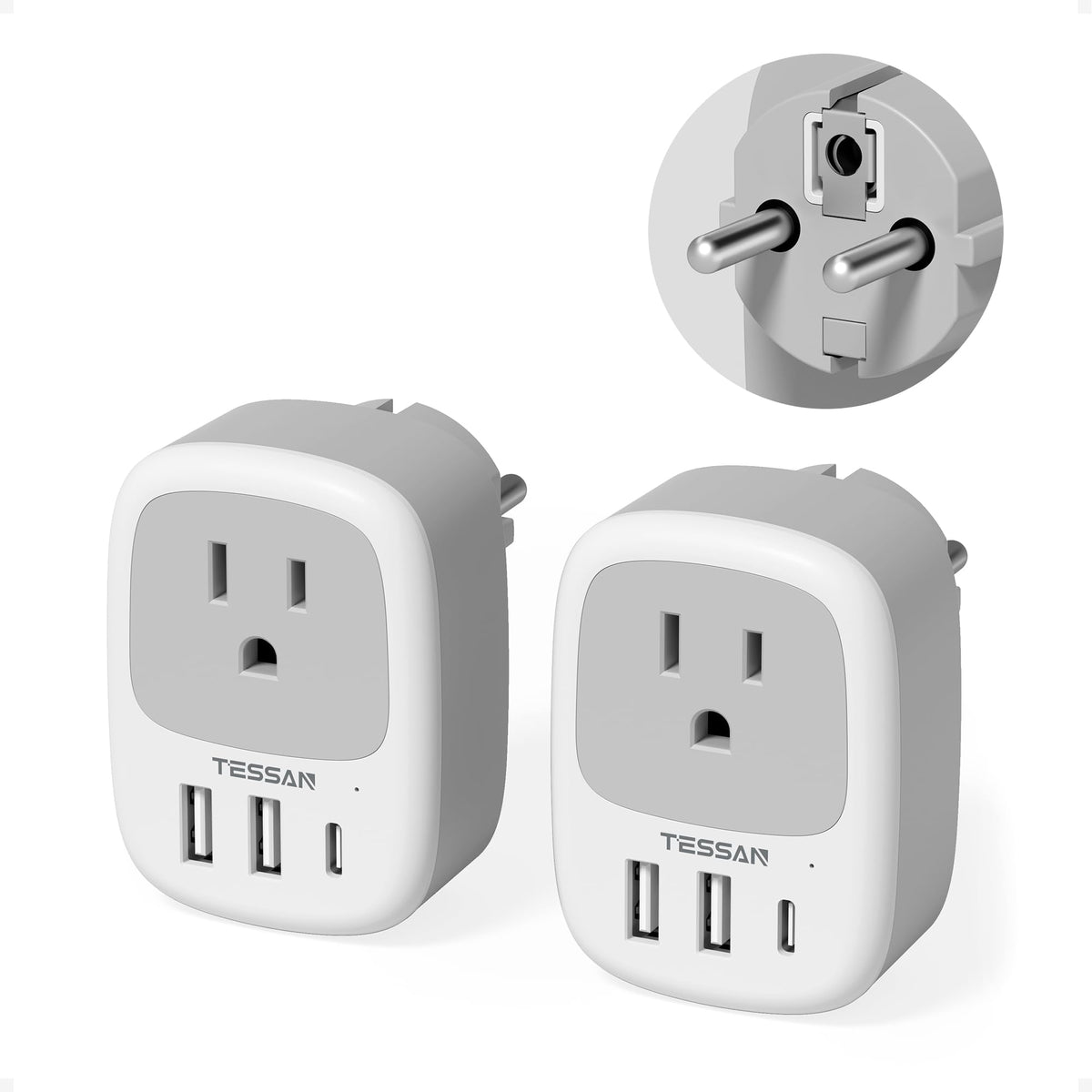TESSAN 2-pack Type F adapter pack shot for compact Europe travel.