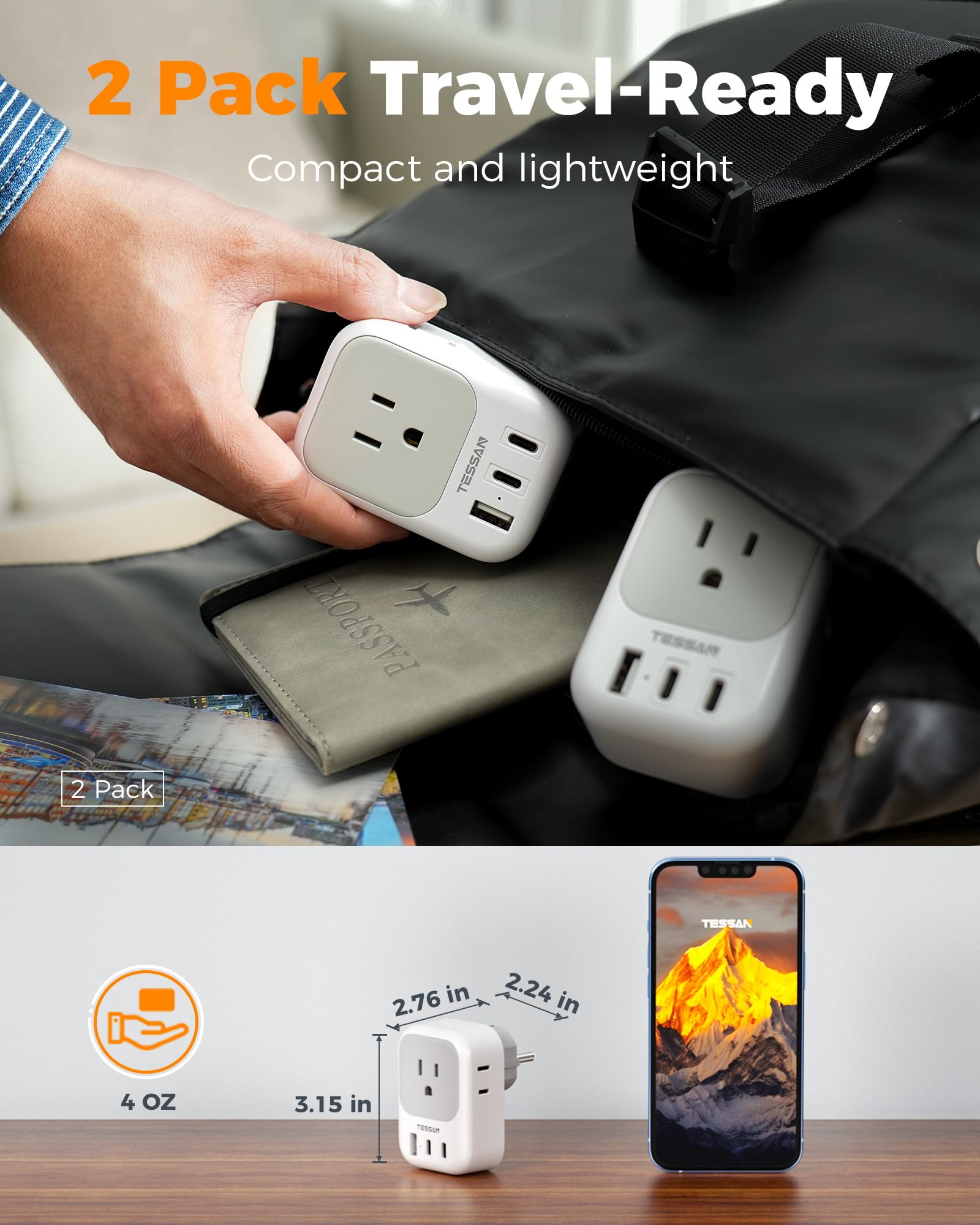 TESSAN adapter is cruise-ship friendly with no cords.