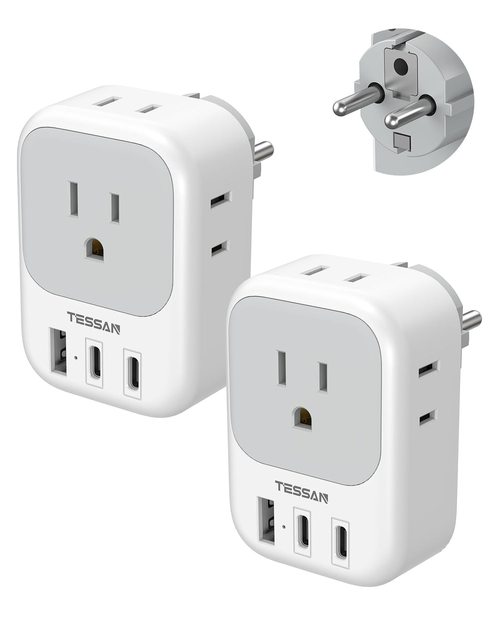 TESSAN 2-pack Type E/F travel adapter front view with four outlets for easy global charging.