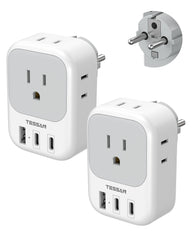 TESSAN 2-pack Type E/F travel adapter front view with four outlets for easy global charging.