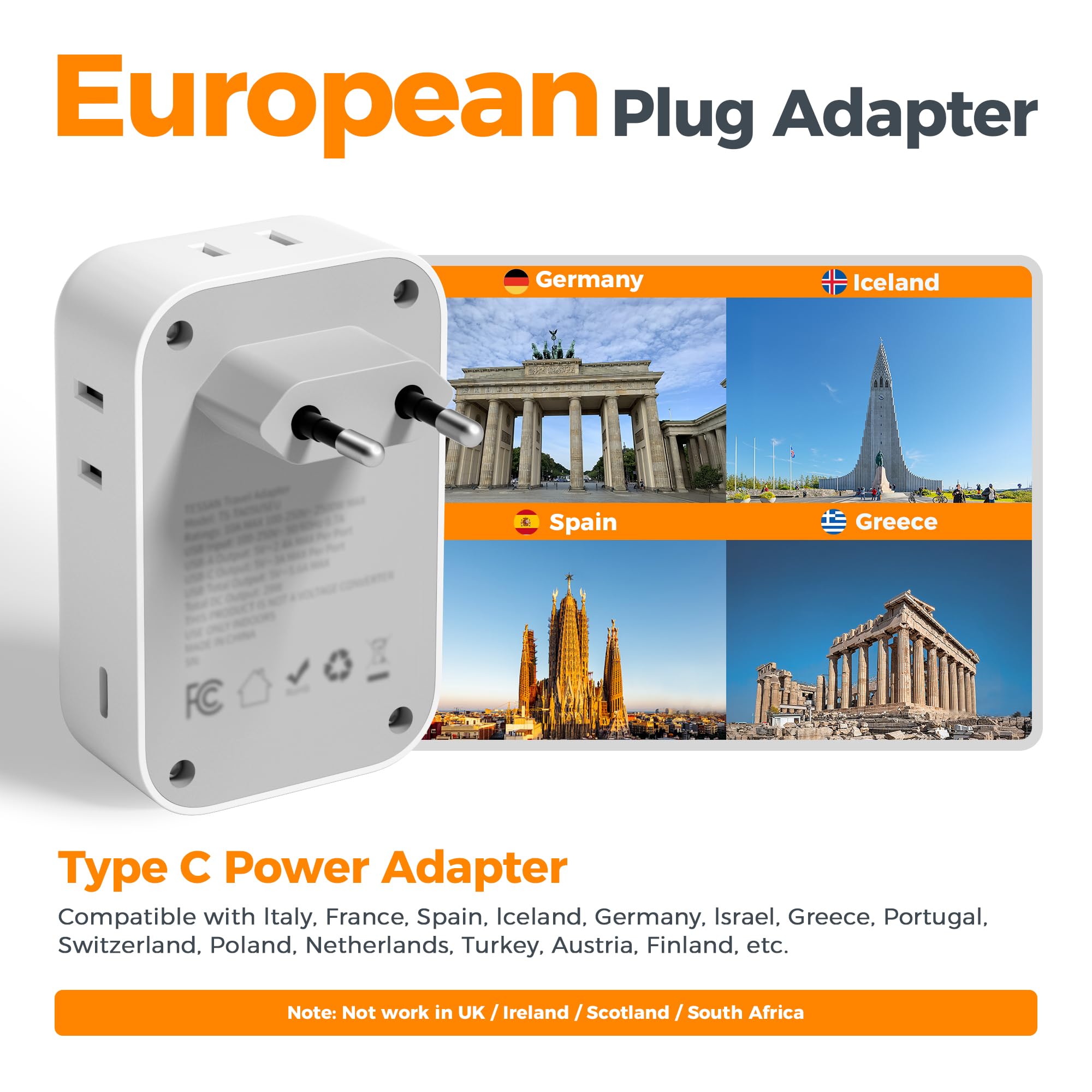 TESSAN adapter with four AC outlets keeps multiple devices powered on the go.