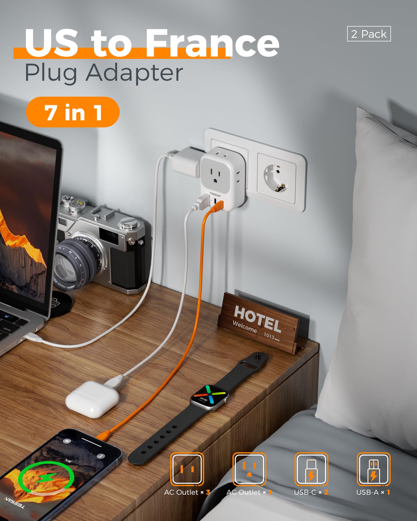 TESSAN four-outlet adapter supports multiple devices at once.