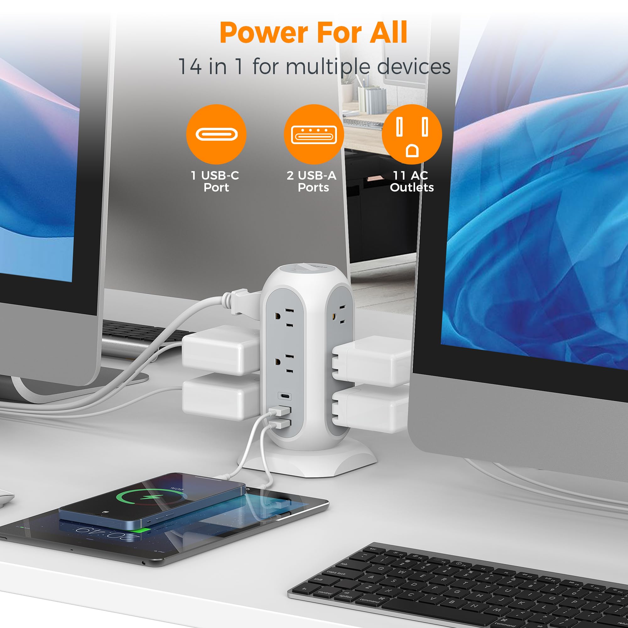 TESSAN 4-side compact tower design keeps cords tidy.