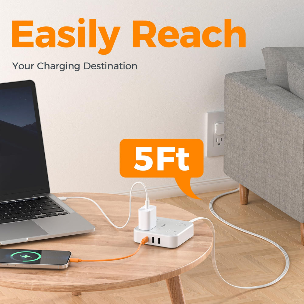 TESSAN 5 ft extension with right-angle plug saves space.