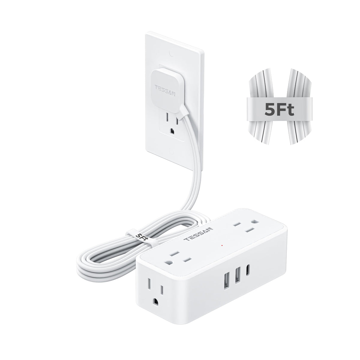 TESSAN 5 ft white extension cord with flat plug fits behind furniture.