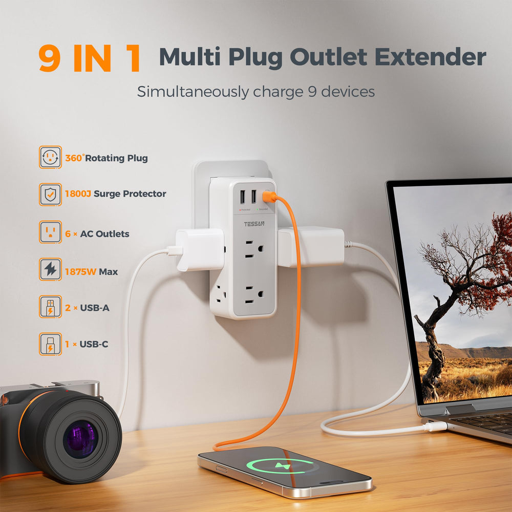 TESSAN outlet with six widely spaced AC outlets for bulky adapters.