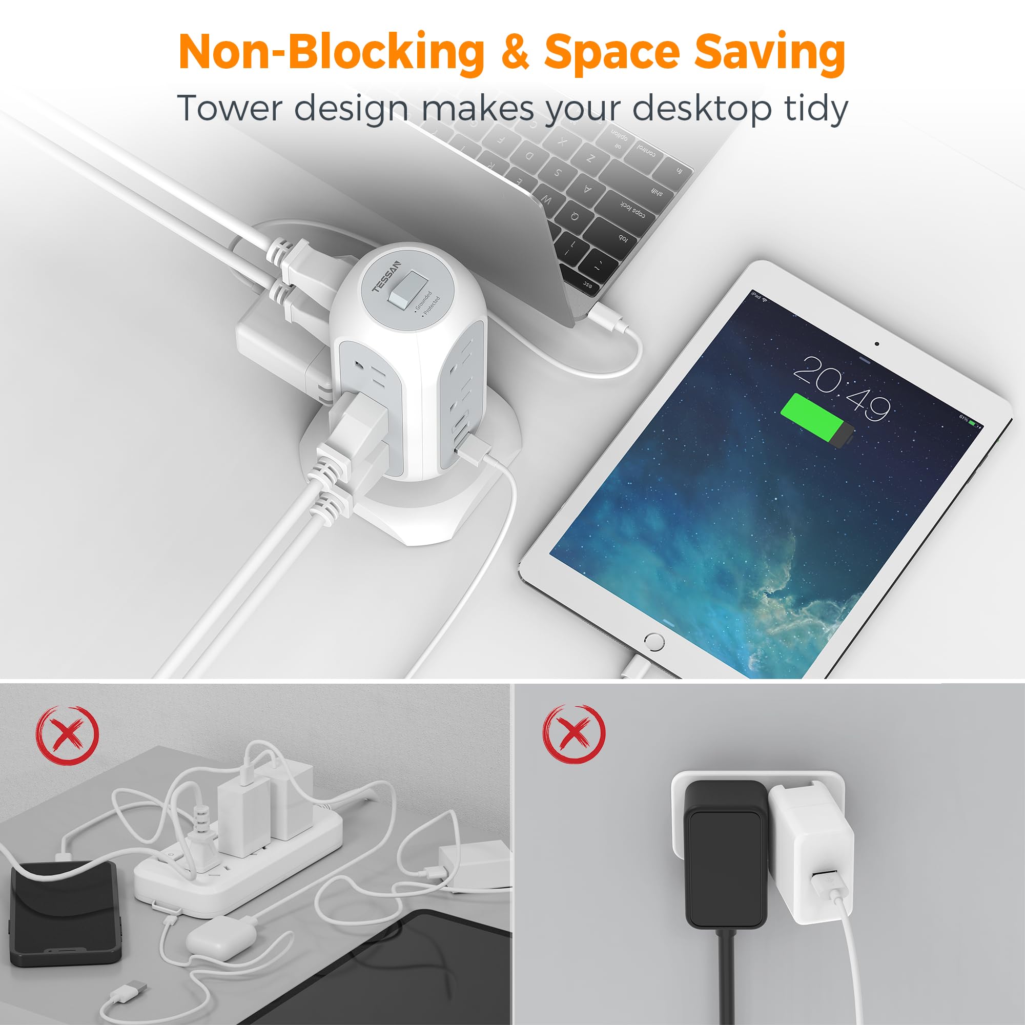 TESSAN 6 ft extension cord reduces desktop clutter.