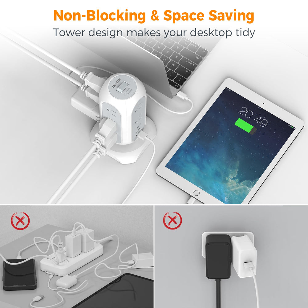 TESSAN 6 ft extension cord reduces desktop clutter.