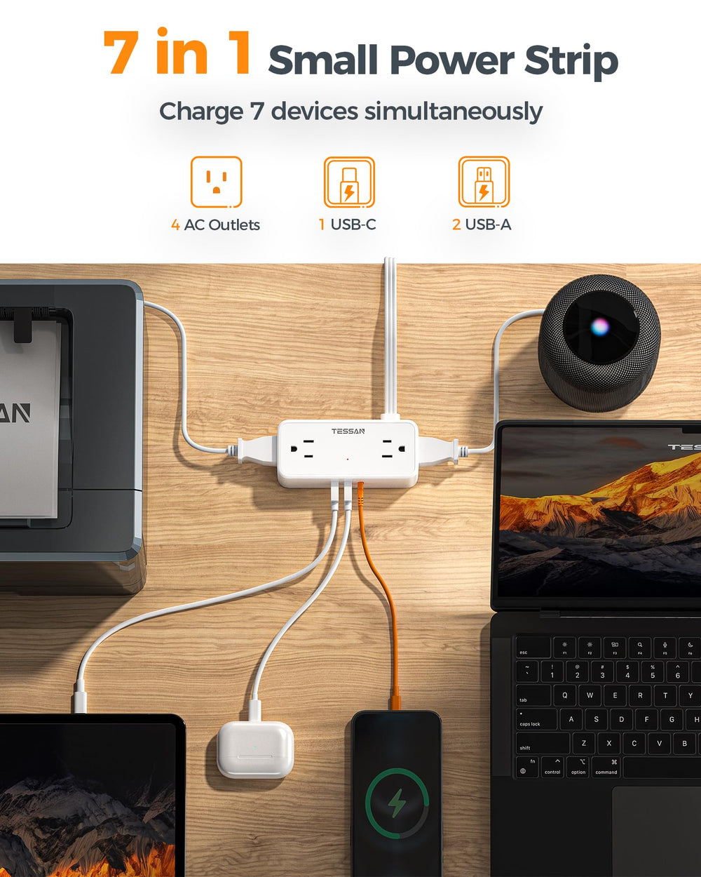 TESSAN 7-in-1 charging station with USB-C and USB-A powers multiple devices.