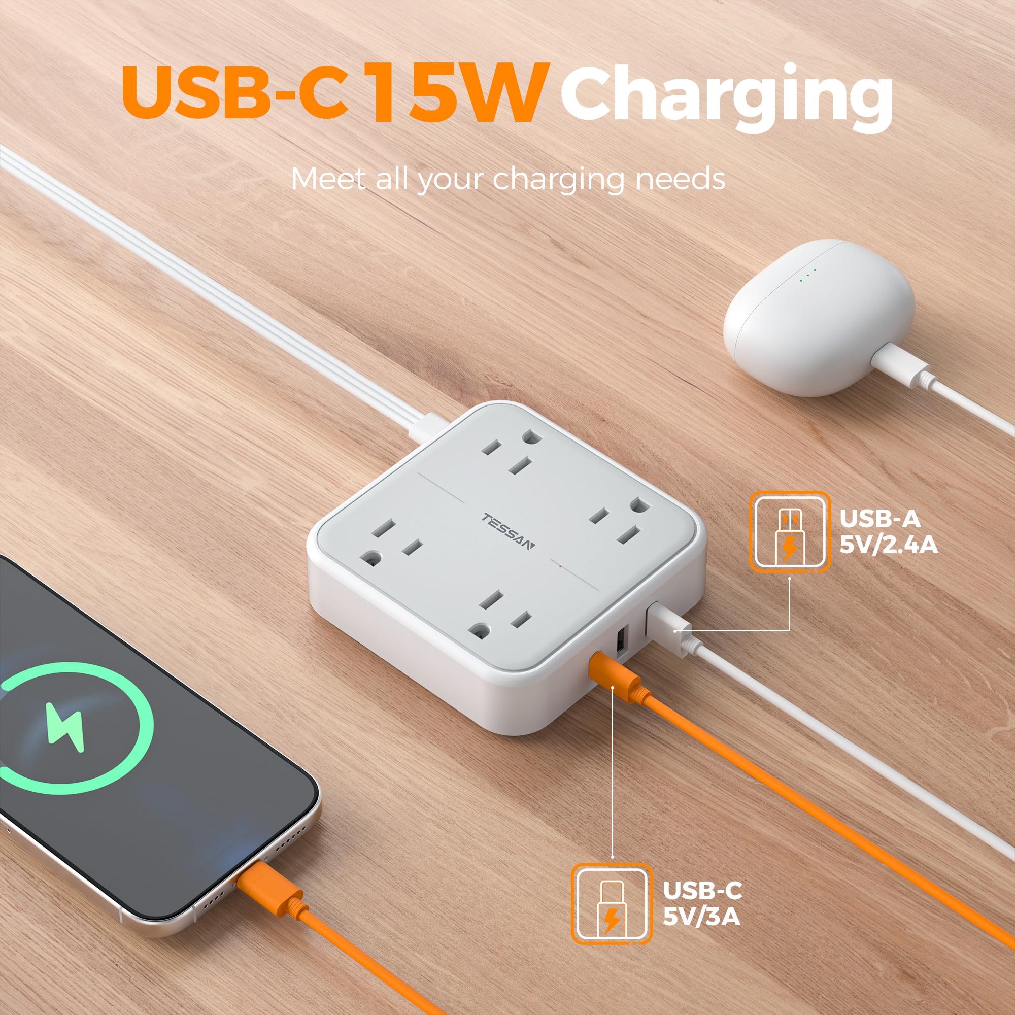 TESSAN 7-in-1 outlets with USB-C for multi-device charging.