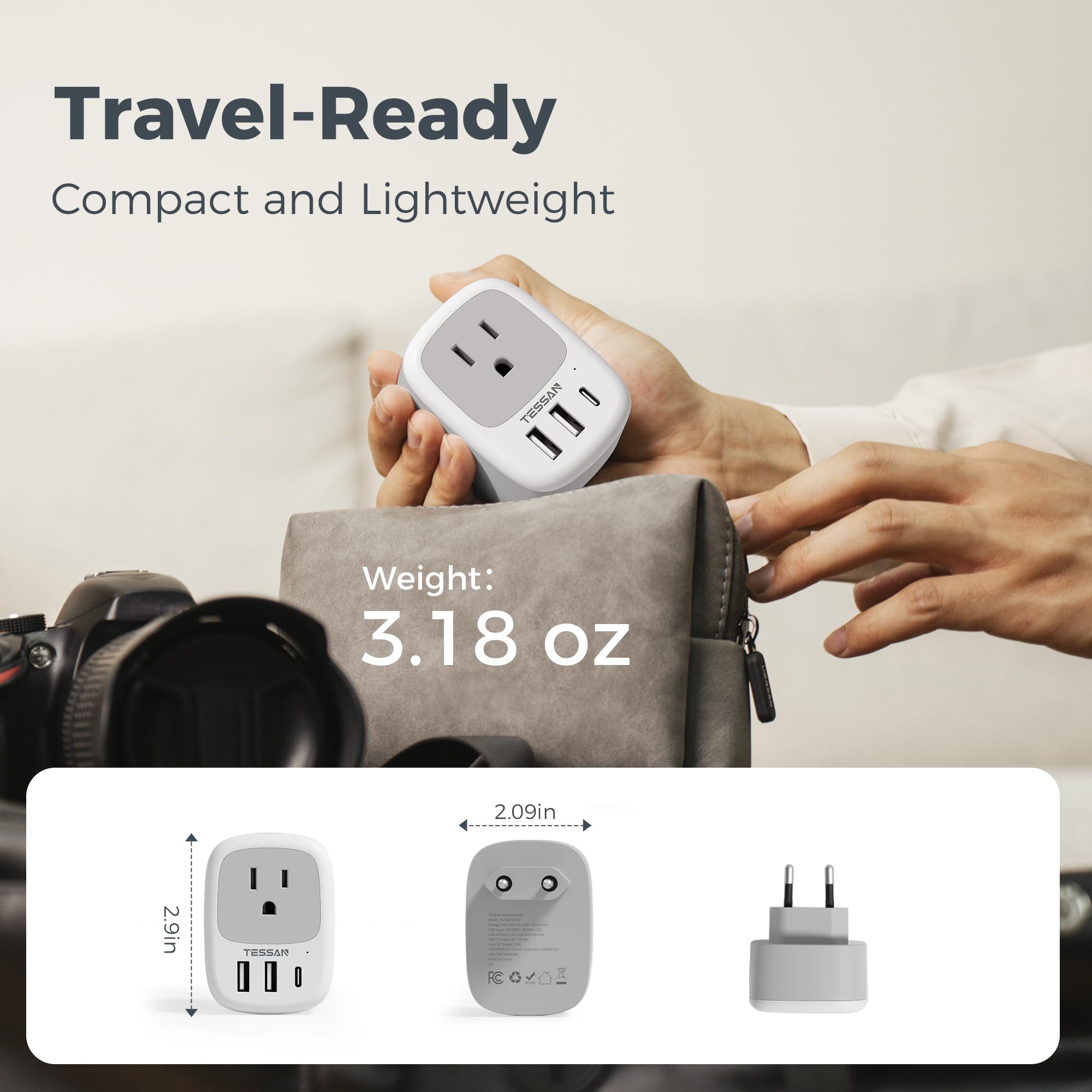 TESSAN adapter in hotel room setup demonstrates practical travel use.