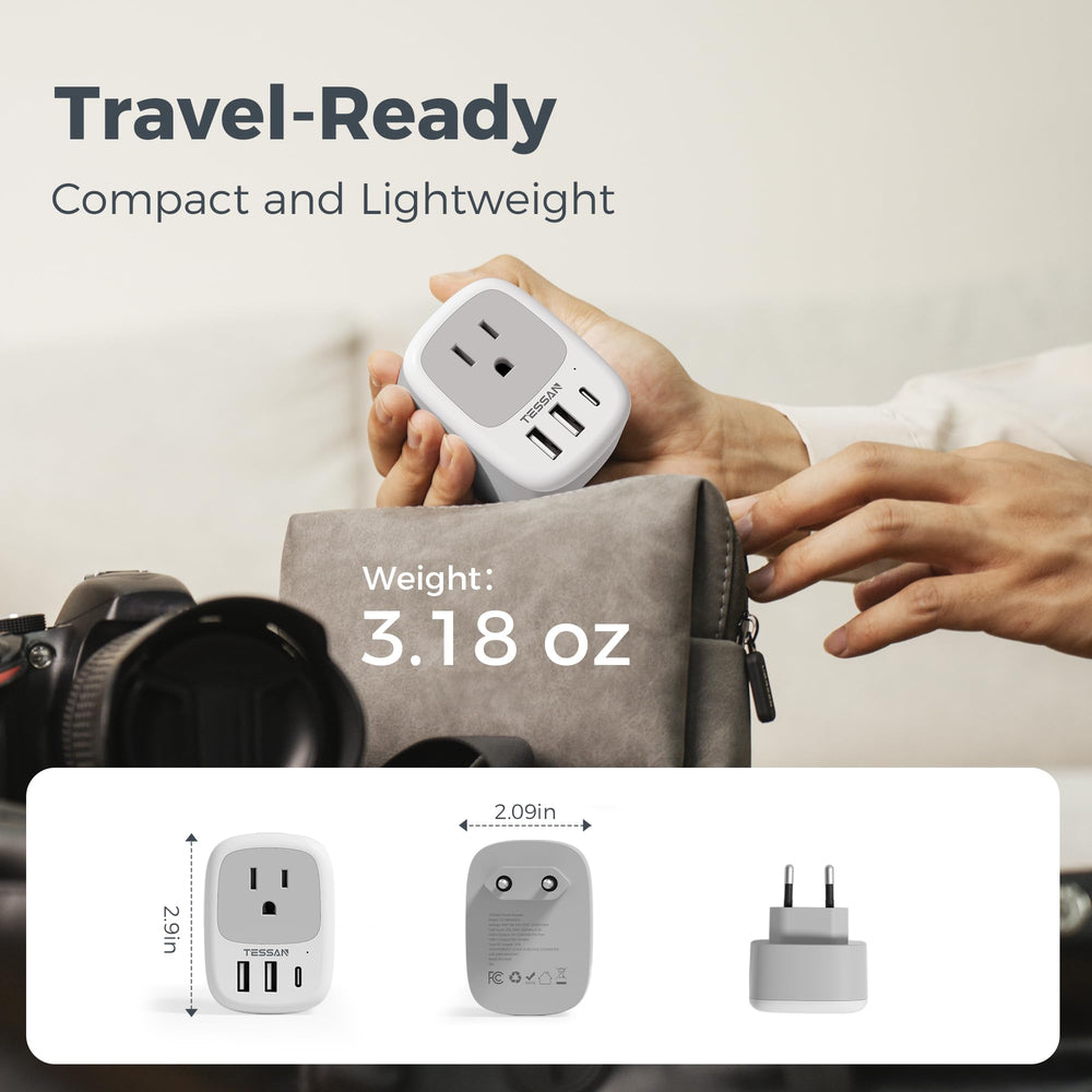 TESSAN adapter in hotel room setup demonstrates practical travel use.