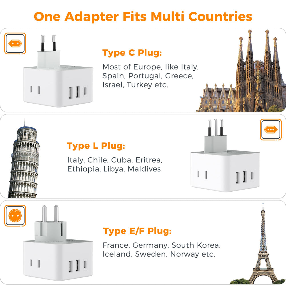 Six-in-one adapter powers outlets and USB ports for travel.