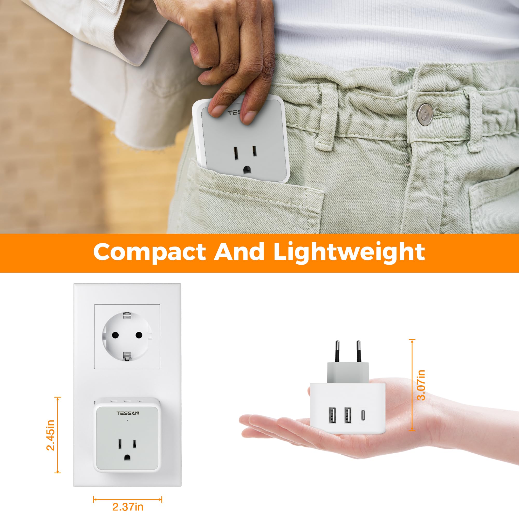 Detachable Type F plug suits tight spaces on trips.