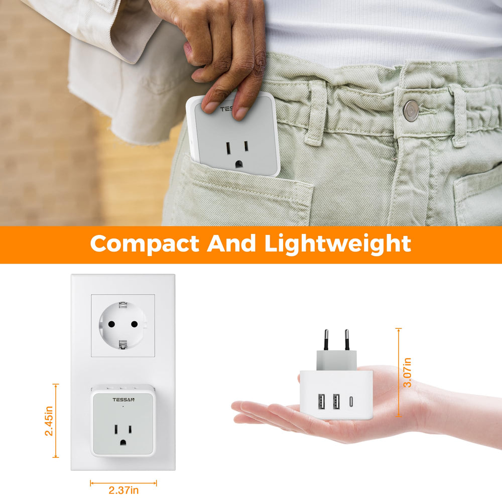 Detachable Type F plug suits tight spaces on trips.