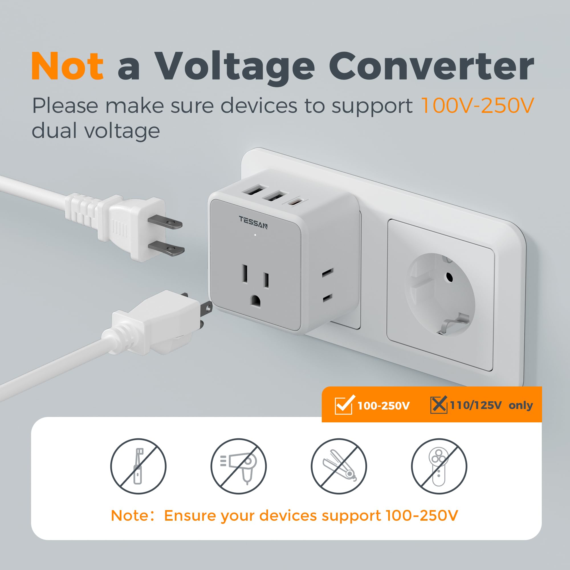 Voltage note helps identify device compatibility for wide-voltage use.