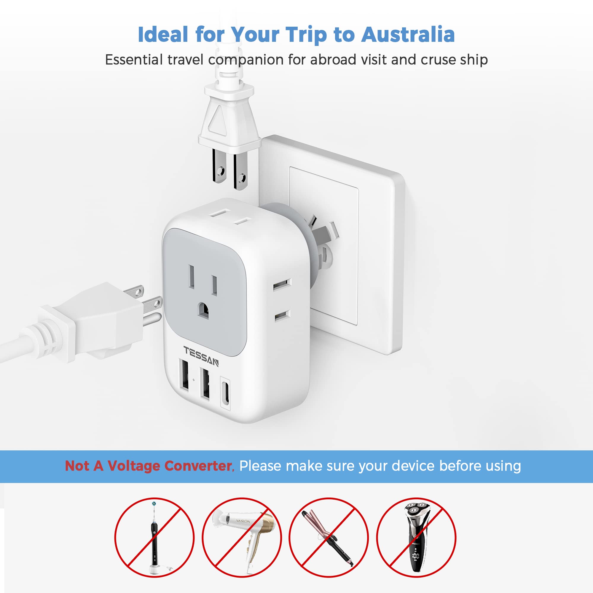 TESSAN Australia travel adapter 7-in-1 ports enables multi-device charging on the go.