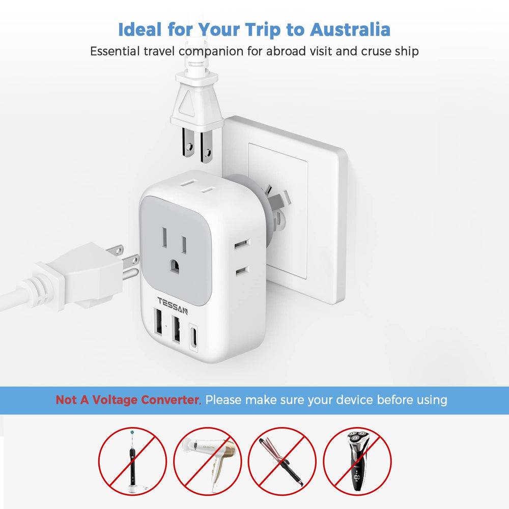 TESSAN Australia travel adapter 7-in-1 ports enables multi-device charging on the go.