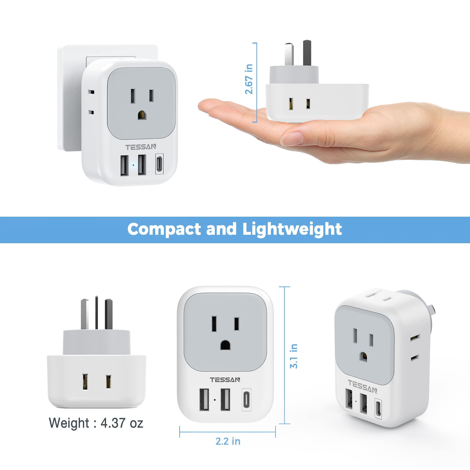 TESSAN Australia plug adapter not a voltage converter; ideal for dual voltage devices.