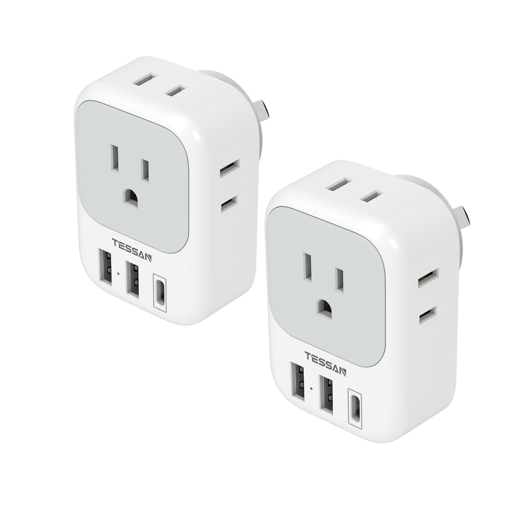 TESSAN Australia plug adapter Type I front view shows 4 outlets and USB-C for versatile charging.