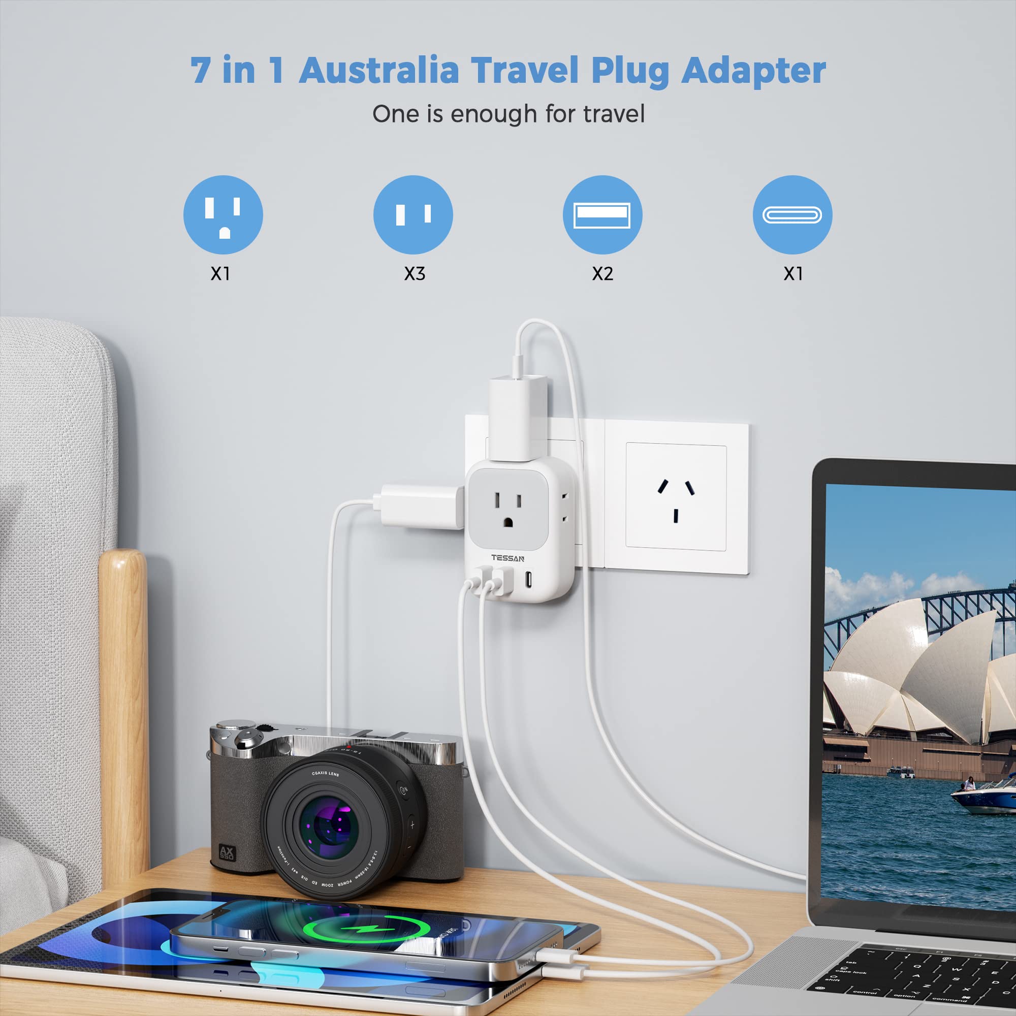 TESSAN Australia plug adapter USB-C port supports fast charging for USB-C devices.