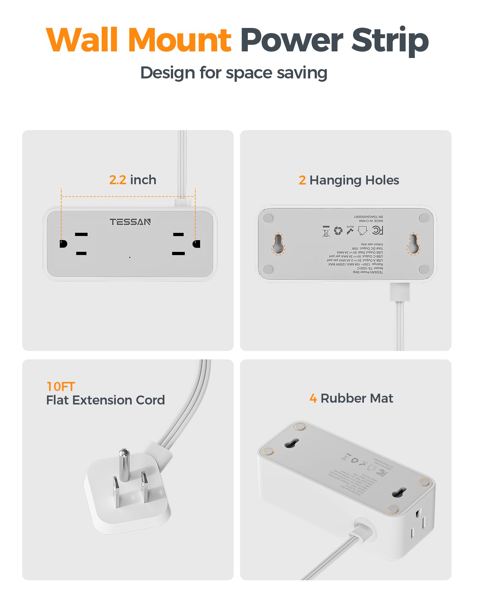 TESSAN bottom-mount holes provide stable wall or desk mounting.
