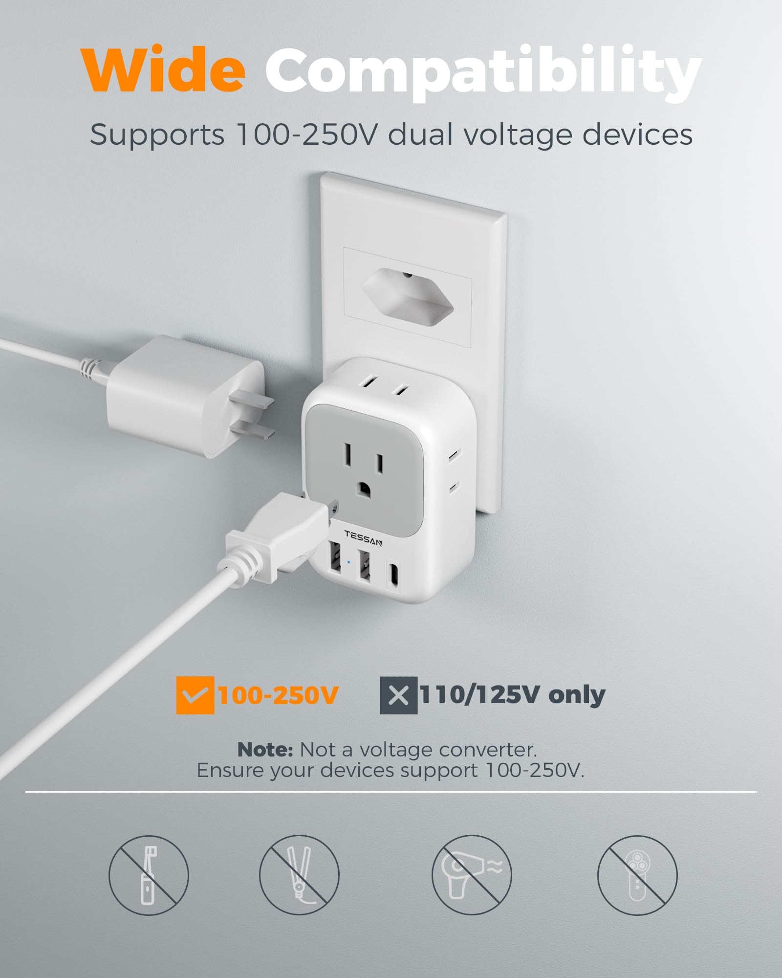 tessan brazil adapter in hotel room offers reliable charging at bedside