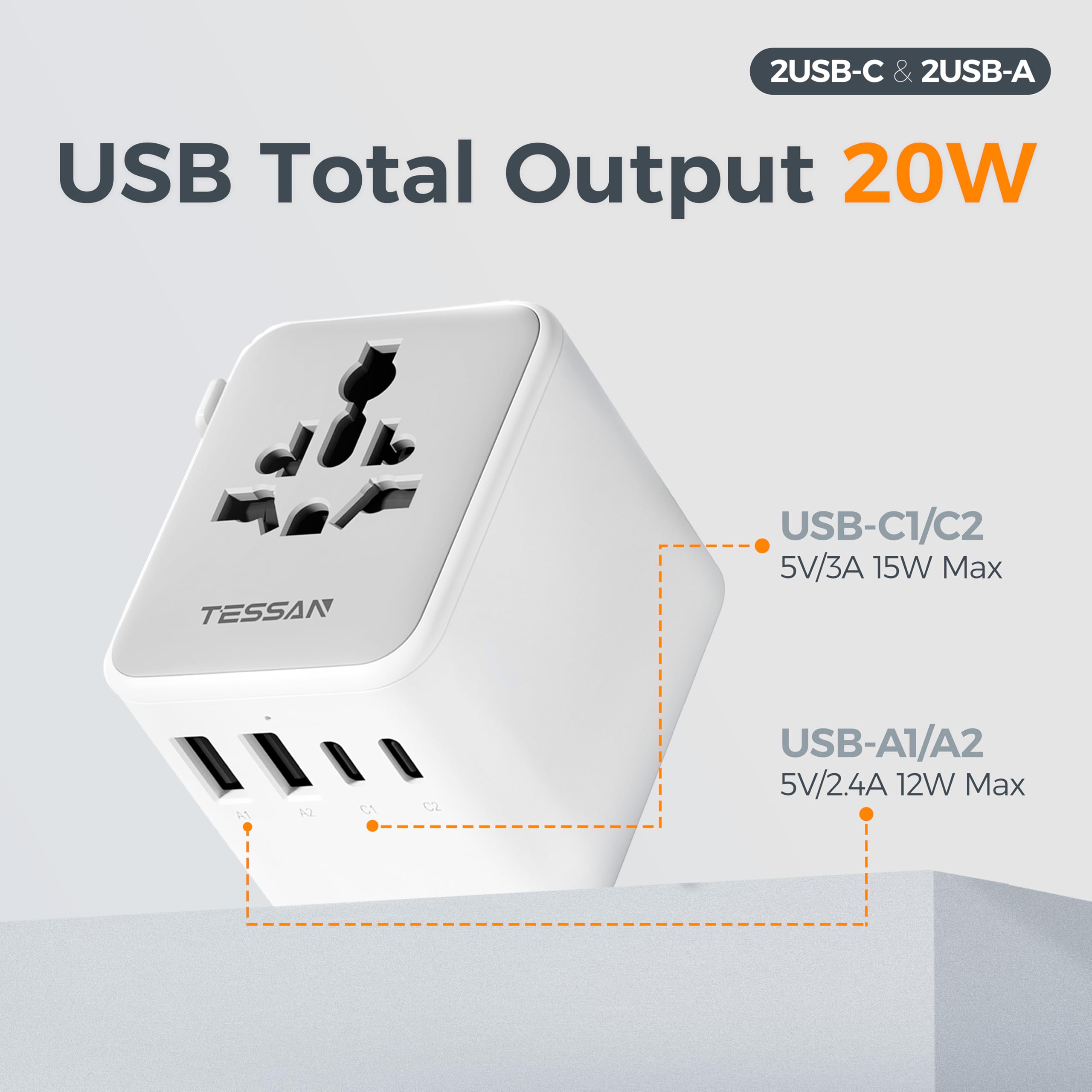 TESSAN compact travel adapter size held in hand