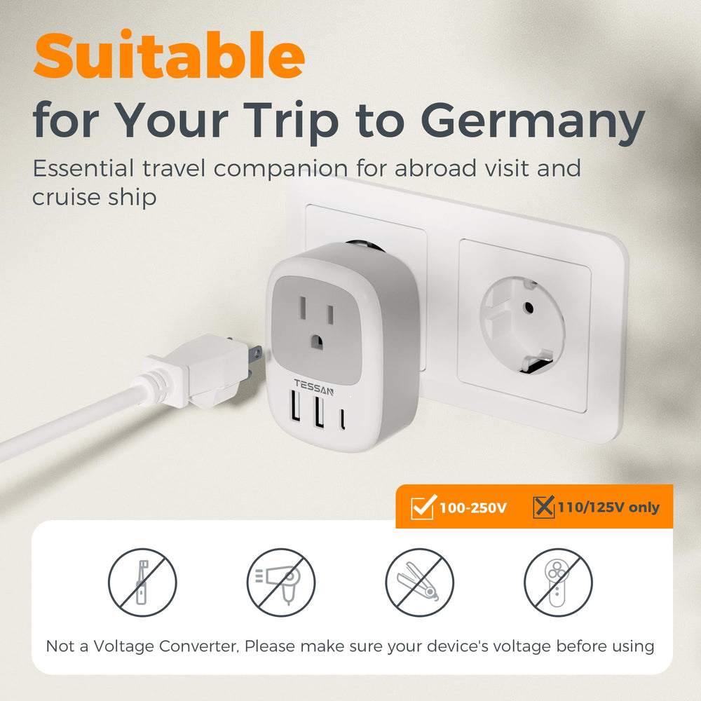 TESSAN compact travel adapter angle shows small form factor on wall.
