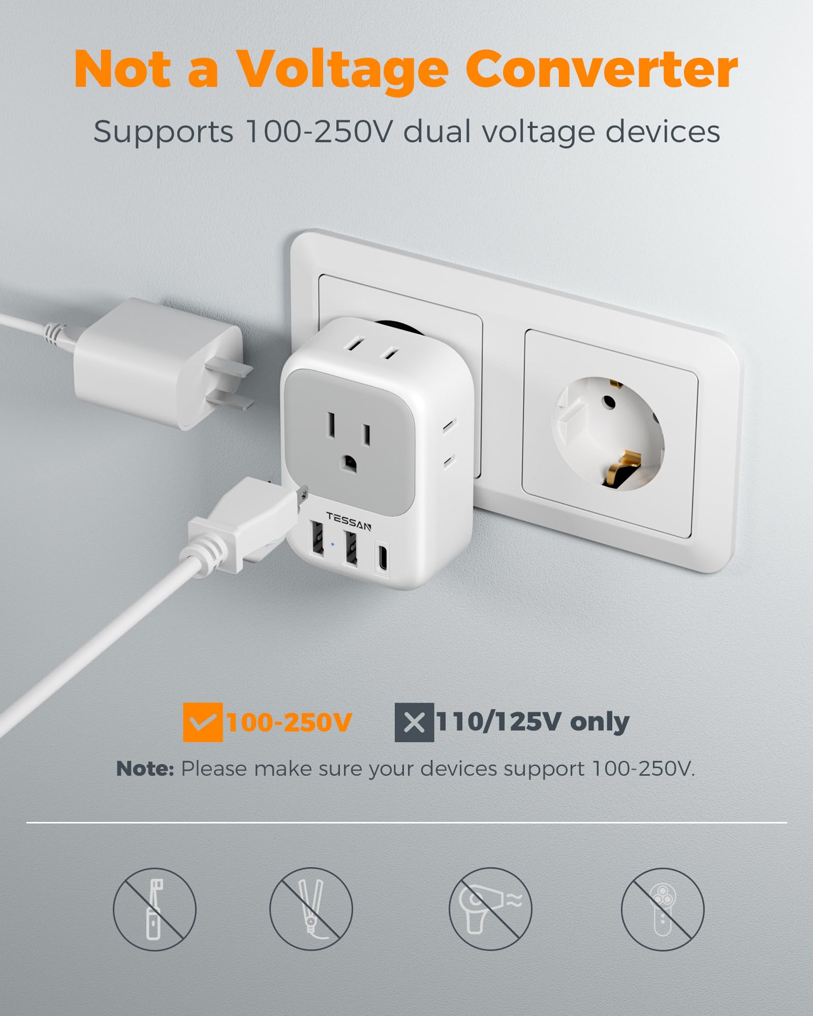TESSAN compact travel adapter highlights small size and light weight for easy packing.