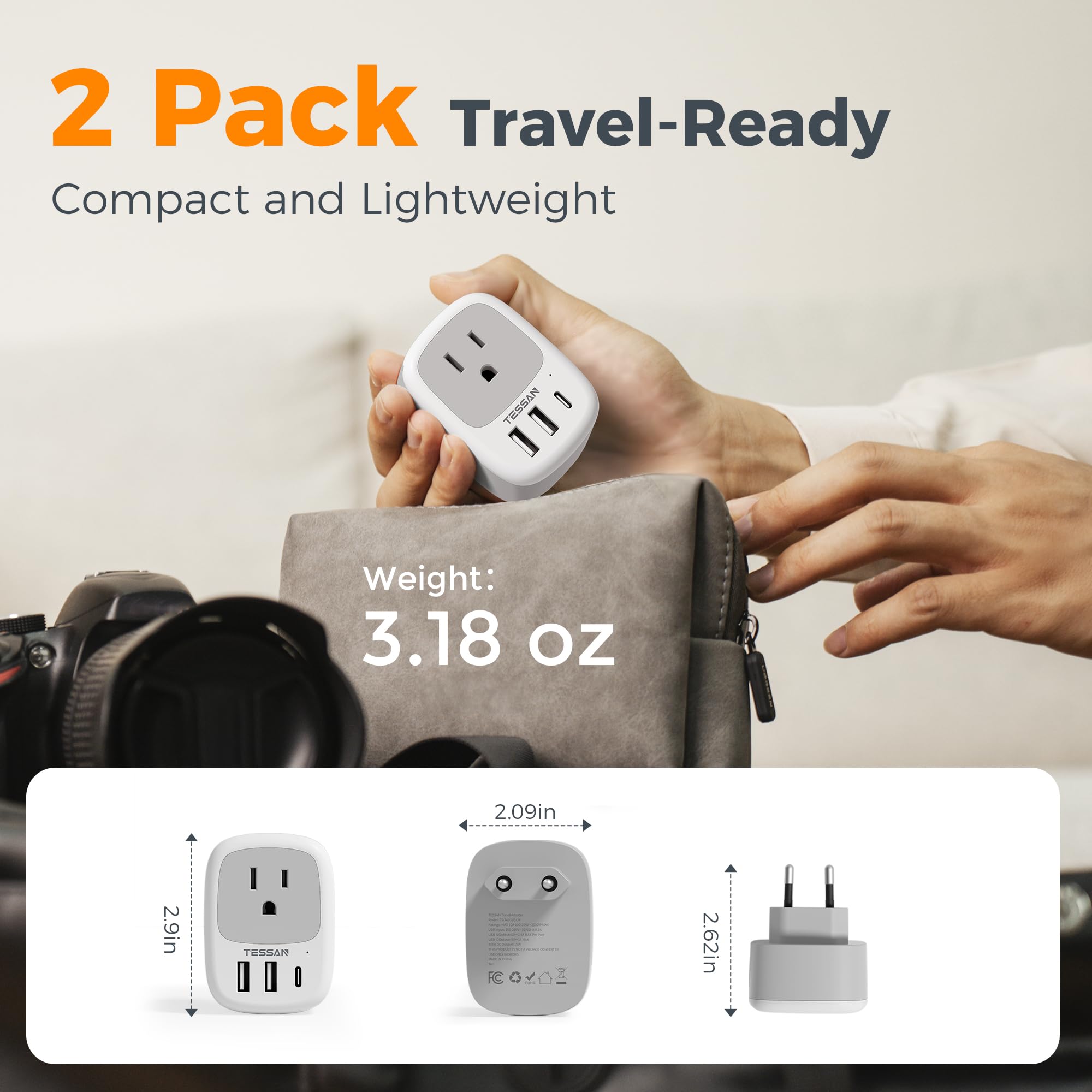 TESSAN compact travel adapter delivers USB-A and USB-C power on the go