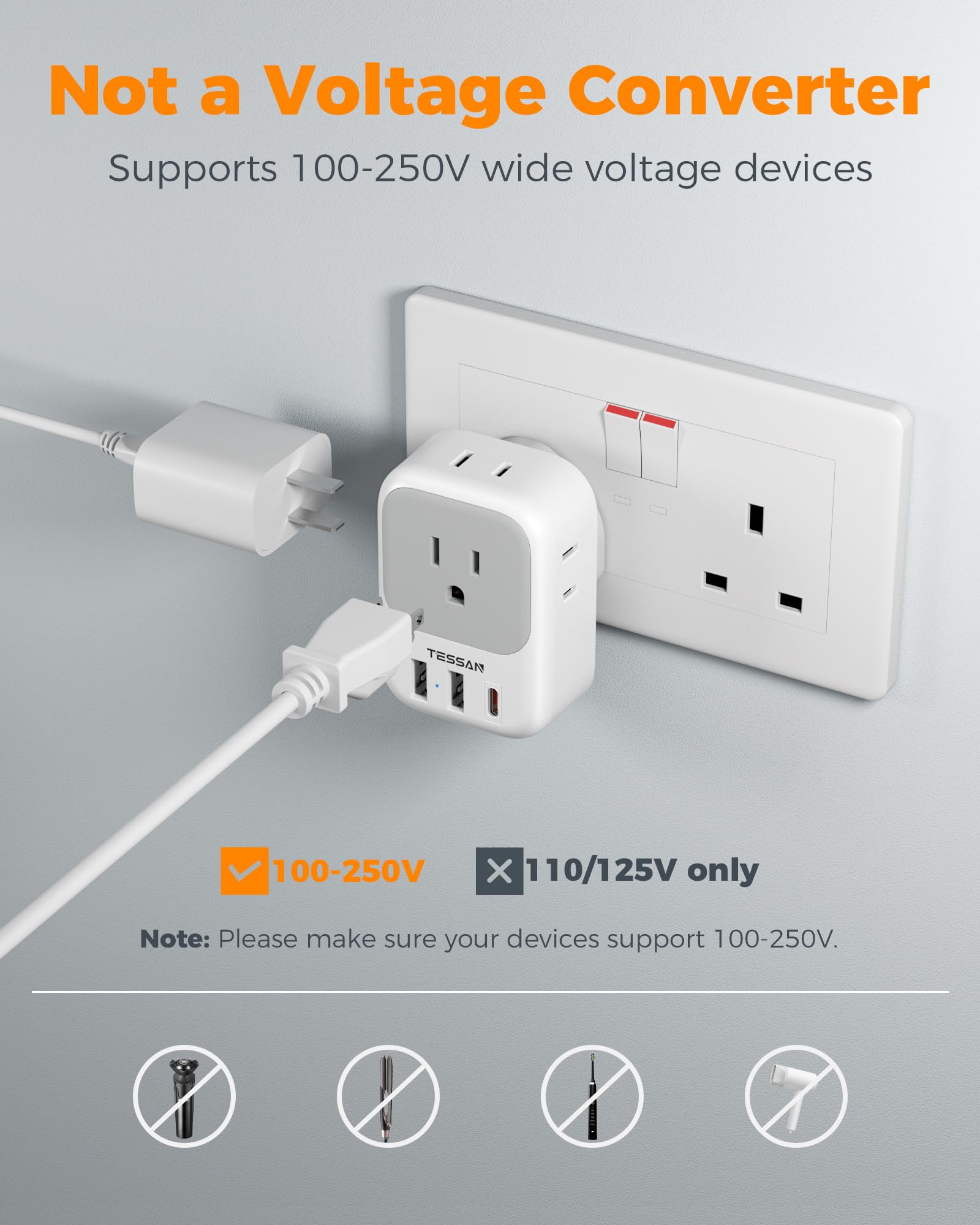 TESSAN cruise-ready adapter designed for cabin charging on ships.