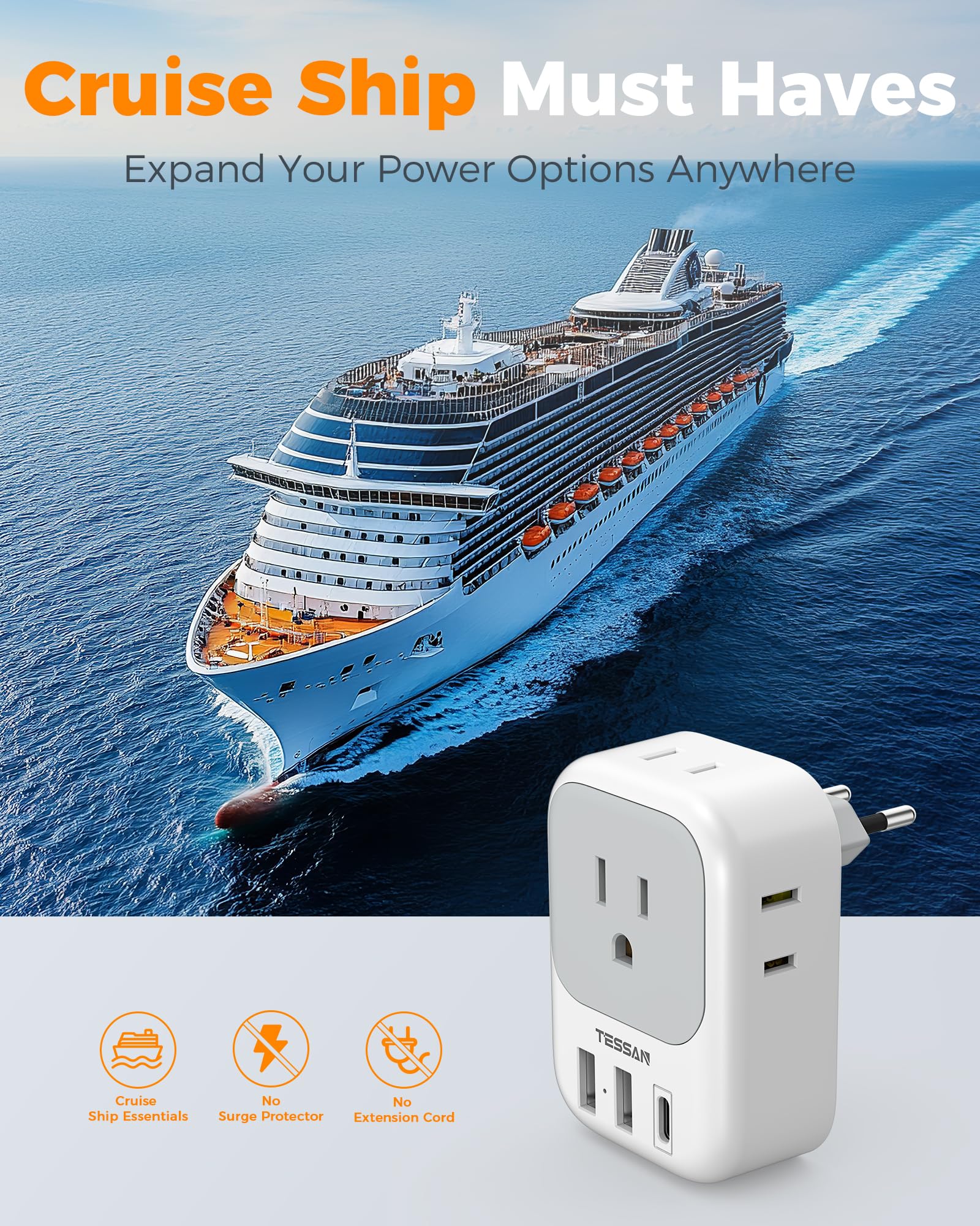 TESSAN cruise-ready EU travel adapter shows portability without surge protection notes.