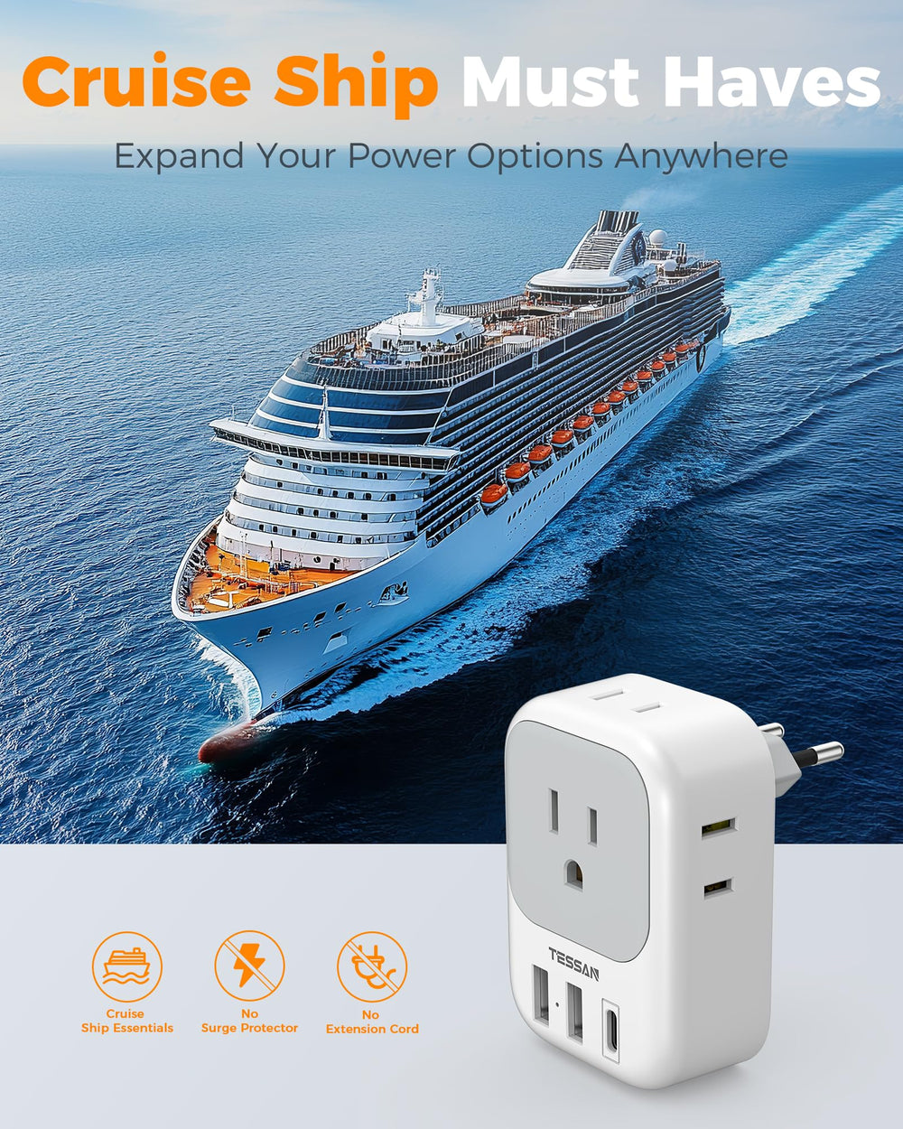 TESSAN cruise-ready EU travel adapter shows portability without surge protection notes.