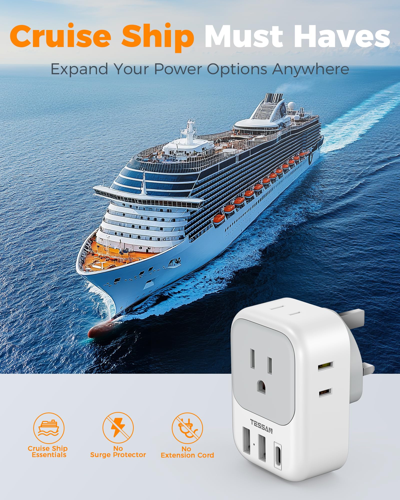 TESSAN dorm or hotel setup with UK adapter for convenient charging.
