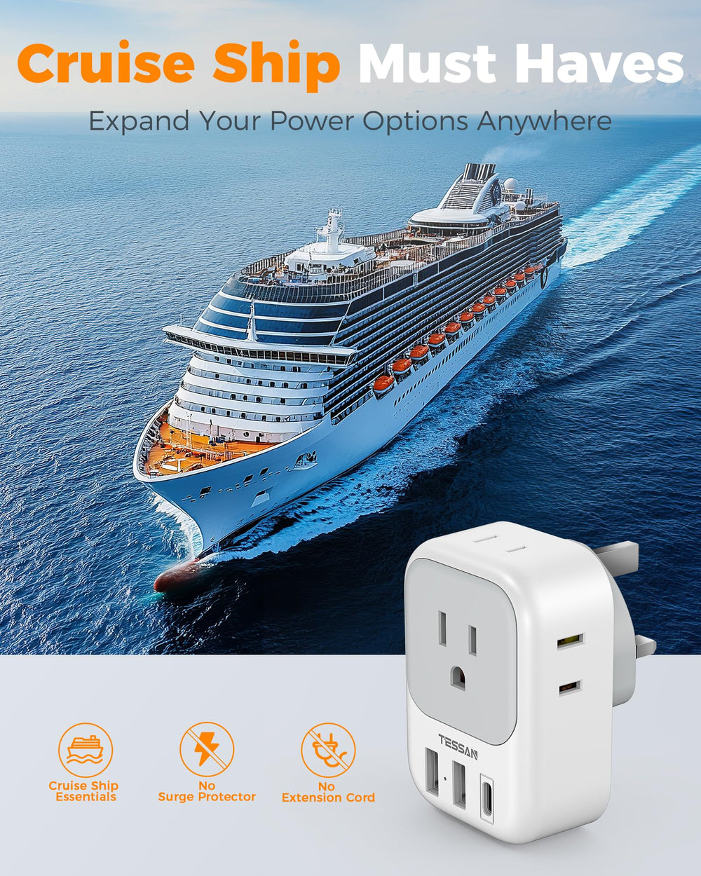 TESSAN dorm or hotel setup with UK adapter for convenient charging.