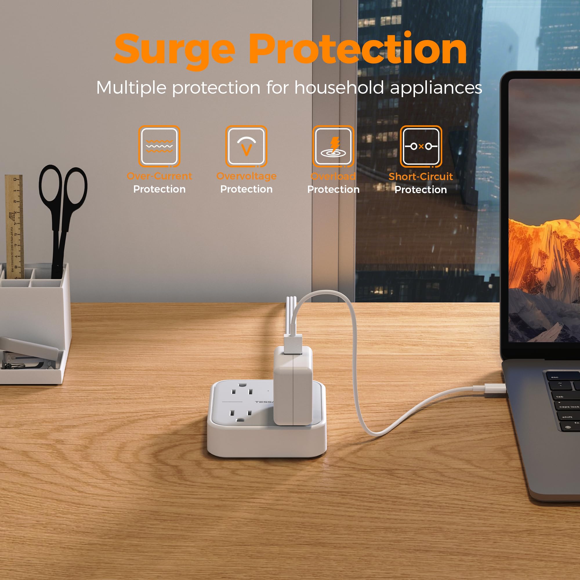 TESSAN compact dorm or office setup with a tidy power hub
