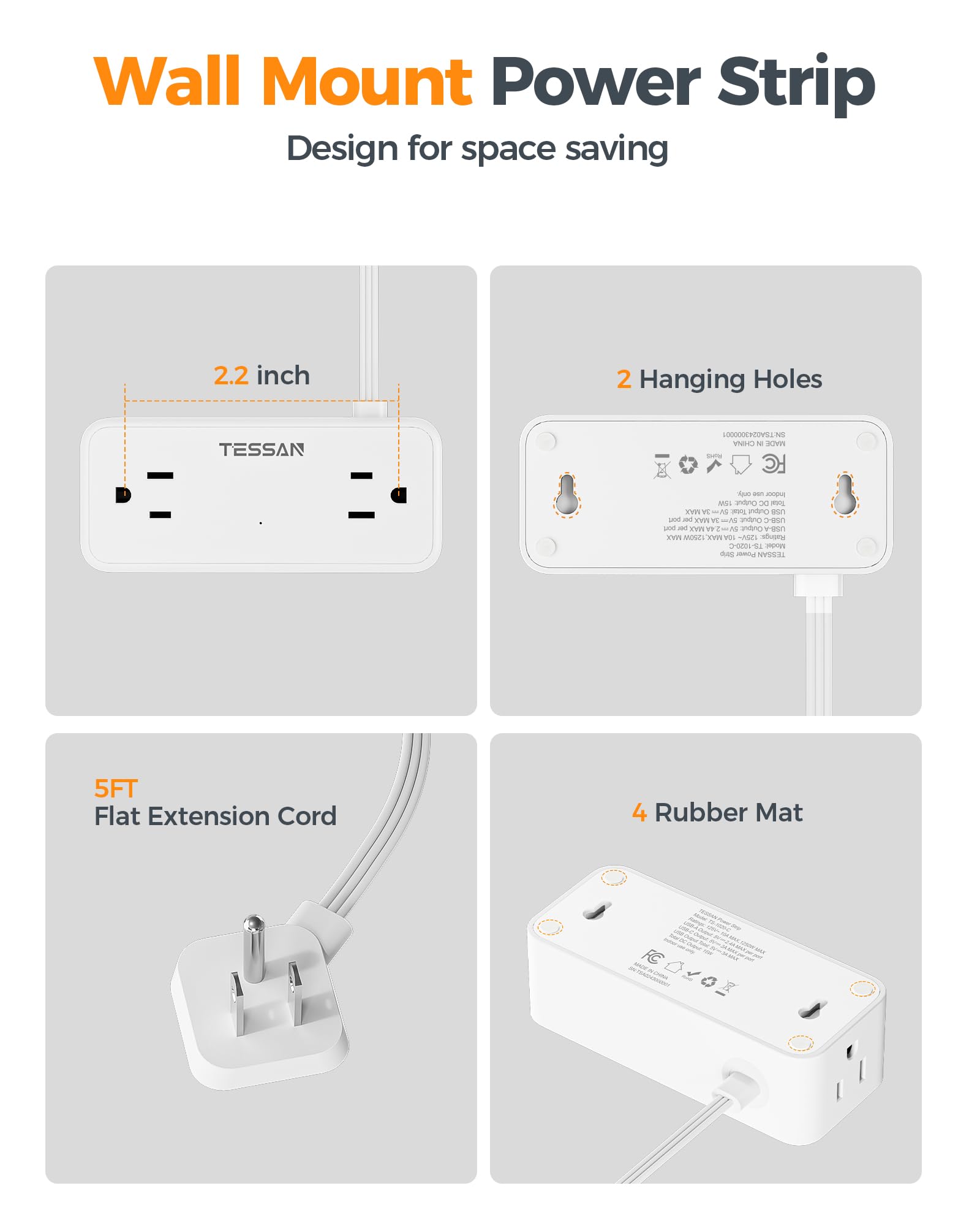 TESSAN dorm-friendly power strip keeps devices organized at home.