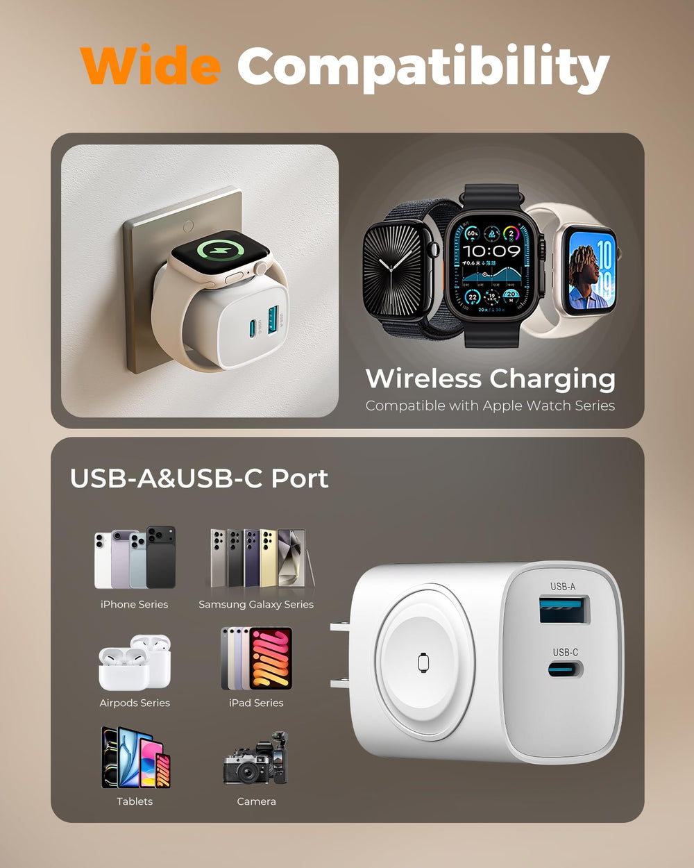TESSAN dual ports charge iPhone and AirPods alongside the watch.
