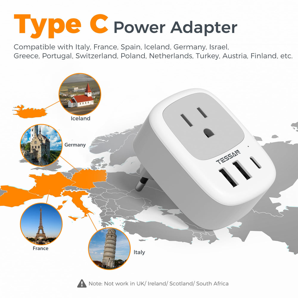 TESSAN EU adapter with four ports enables multi-device charging.
