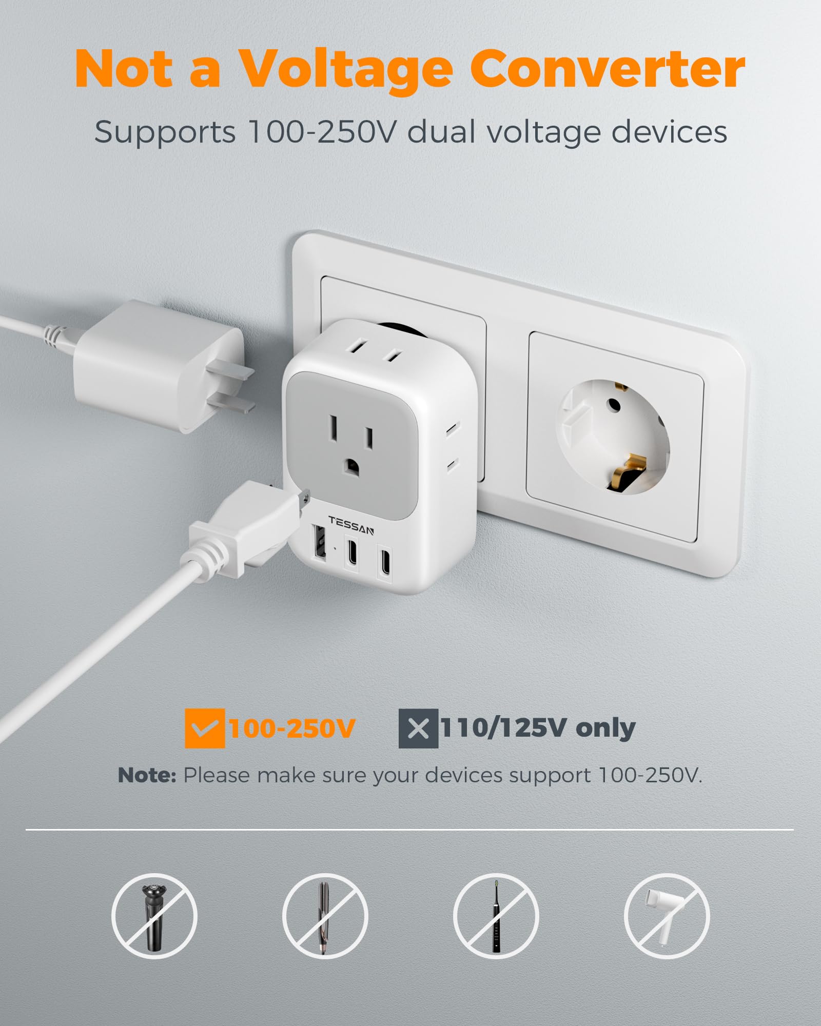 TESSAN EU adapter suitable for cruise ships and hotel stays.