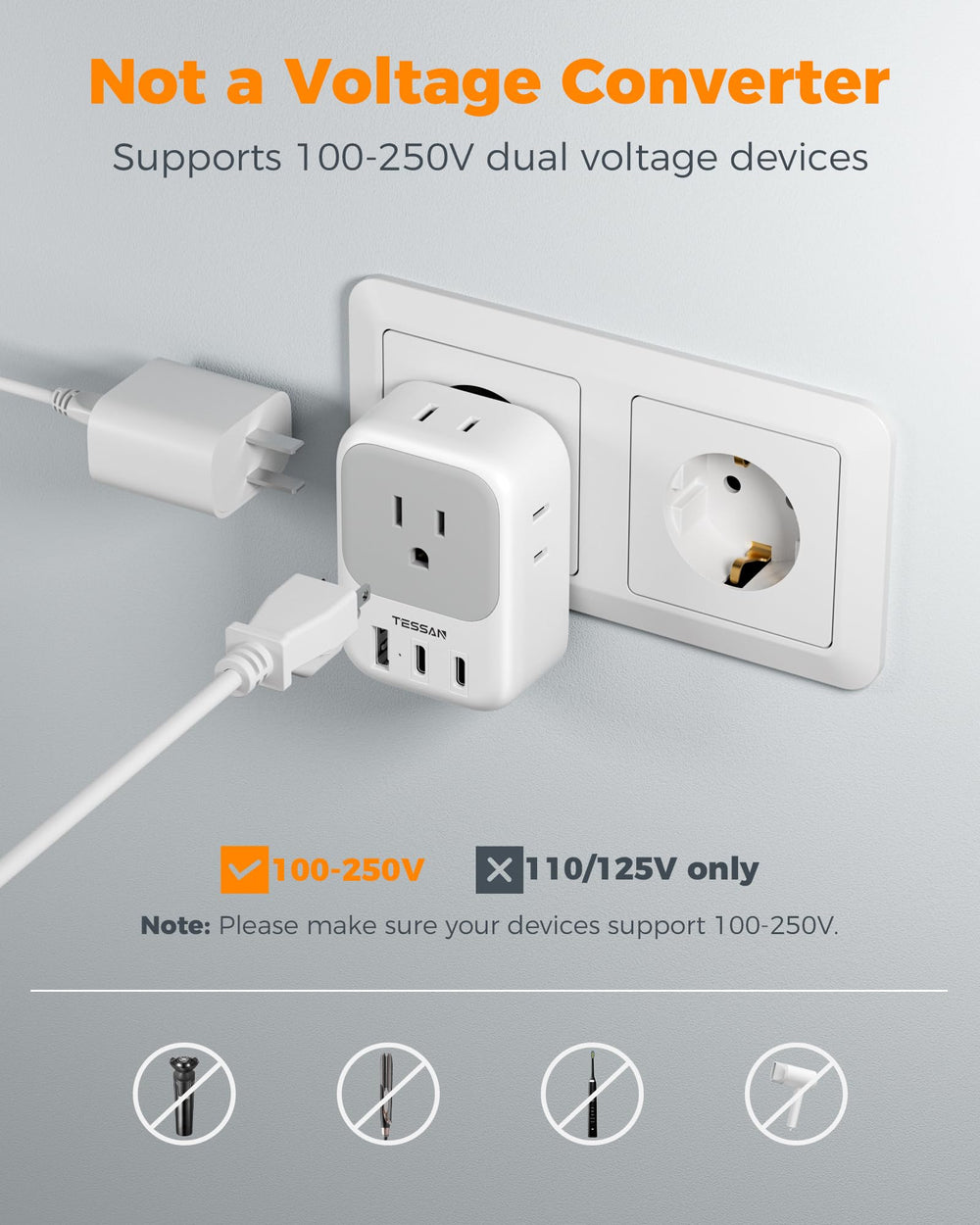 TESSAN EU adapter suitable for cruise ships and hotel stays.