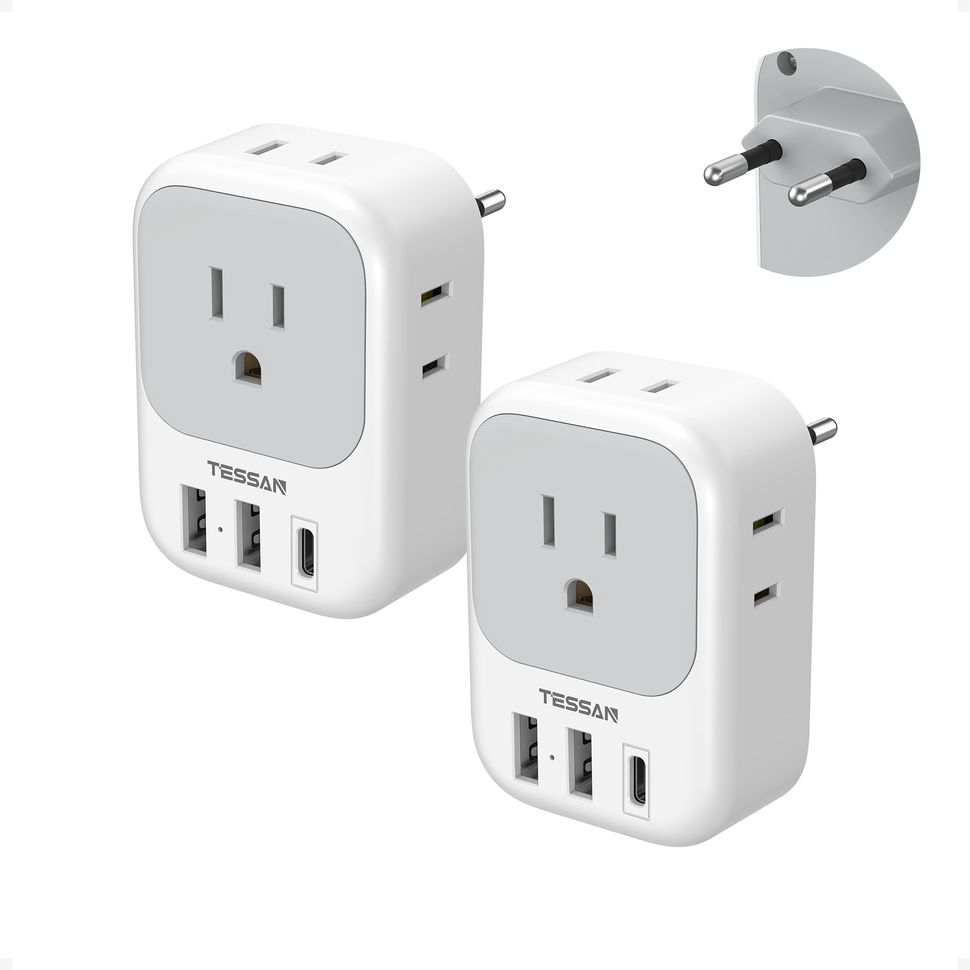 TESSAN European plug adapter with four outlets and USB-C for multi-device charging.