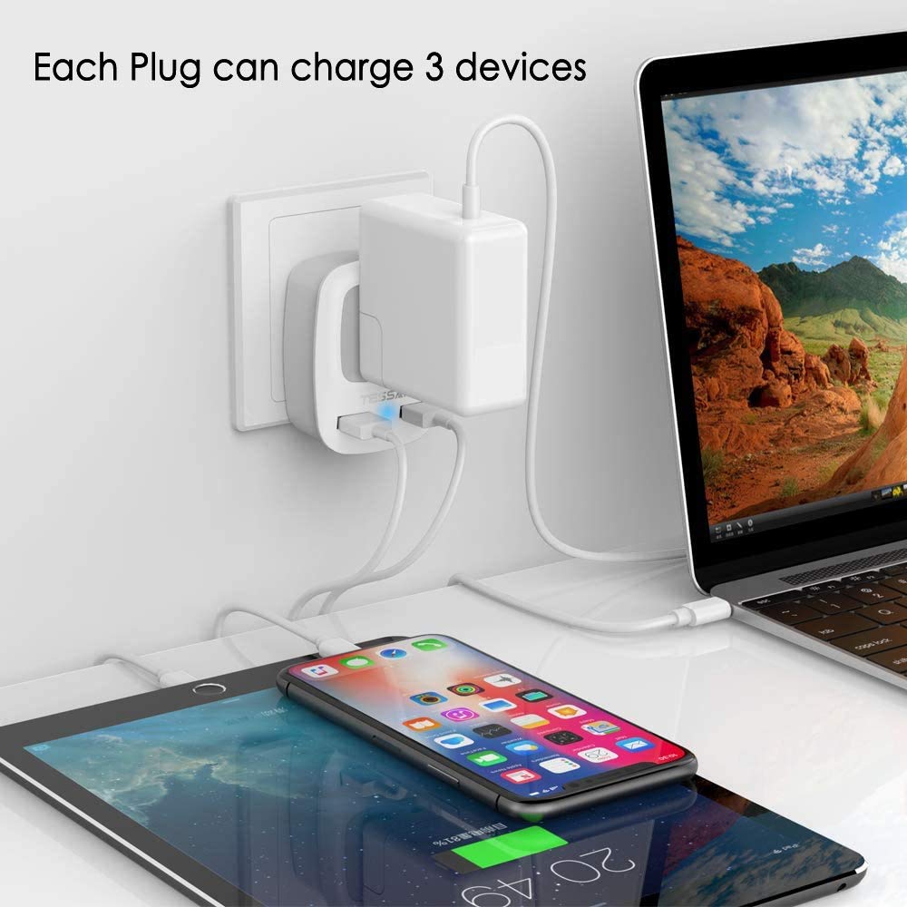 TESSAN European plug closeup reveals sturdy prongs and build quality.
