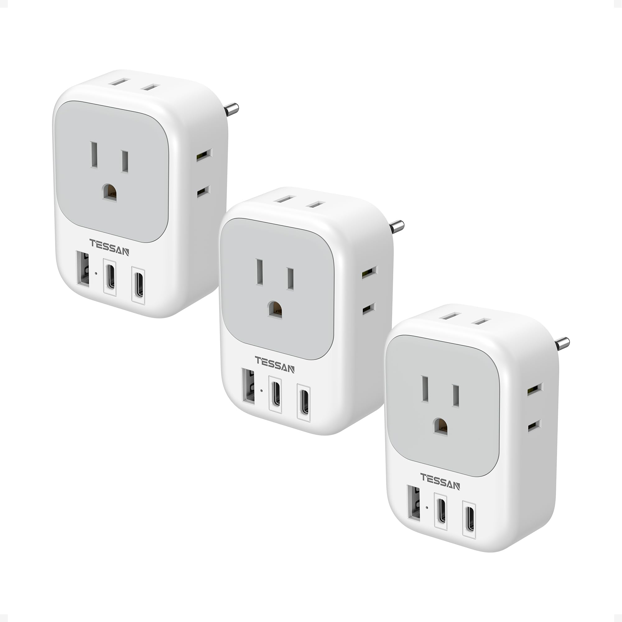 TESSAN European travel plug adapter with four outlets and USB ports for versatile charging.