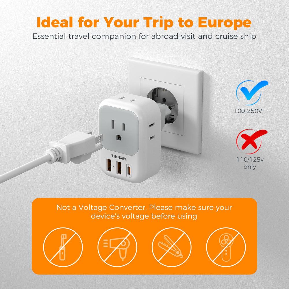 TESSAN compact travel adapter fits cruise cabins and carry-on bags