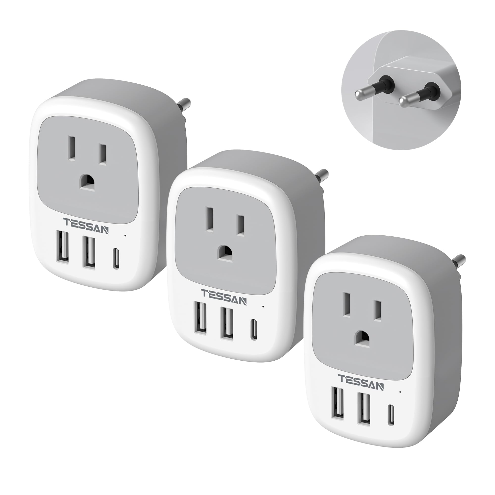 TESSAN European travel plug adapter pack showcases compact design for easy packing.